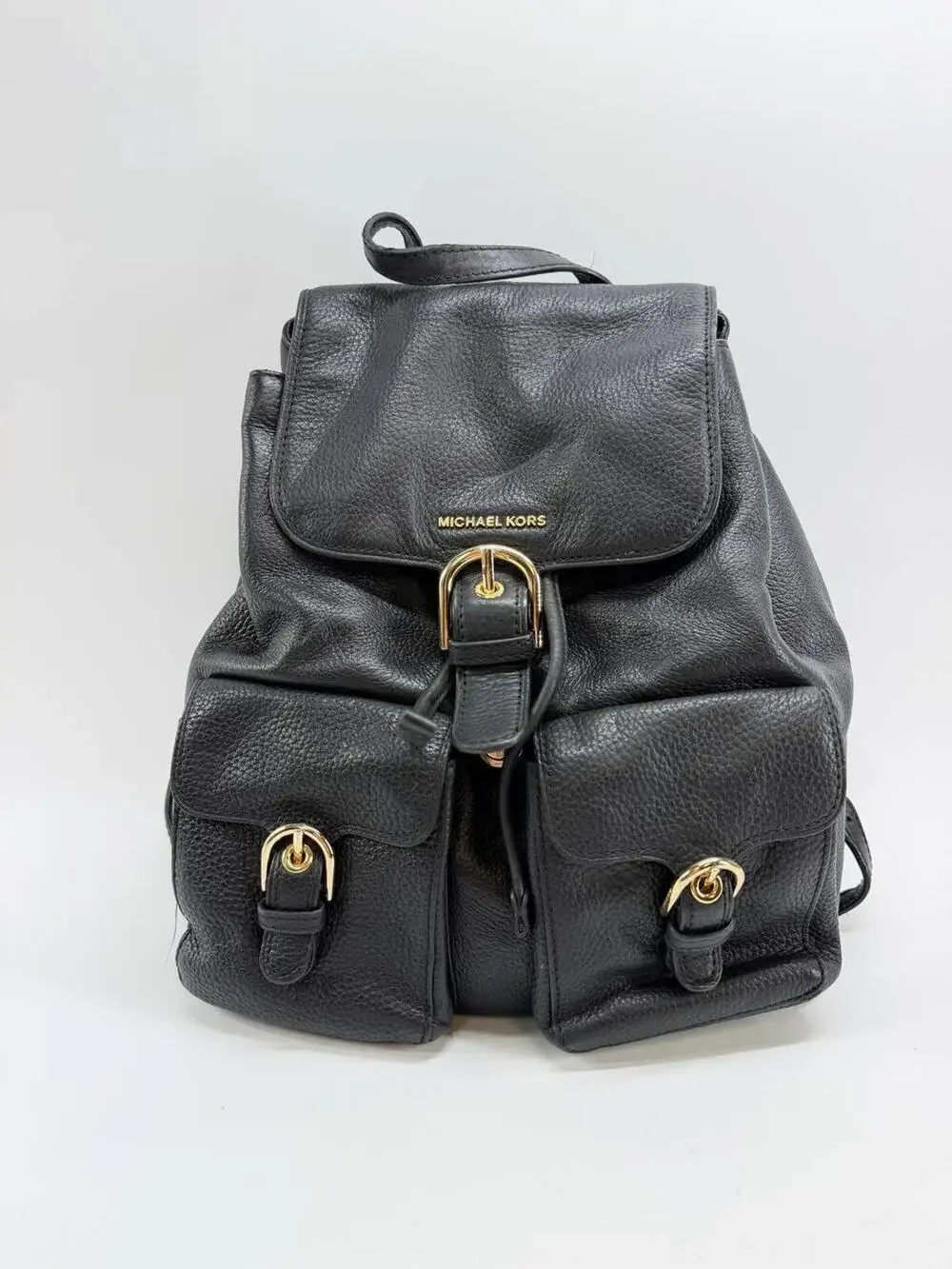 Michael Kors Black Pebbled Leather Backpack Drawstring Flap Pocket Bag Women